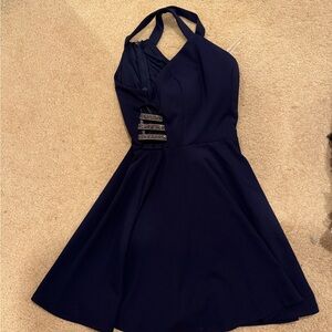 Formal Blue Dress with Rhinestone Sides